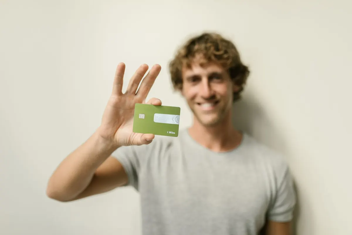Persona joven sonriendo mientras muestra una tarjeta bancaria
